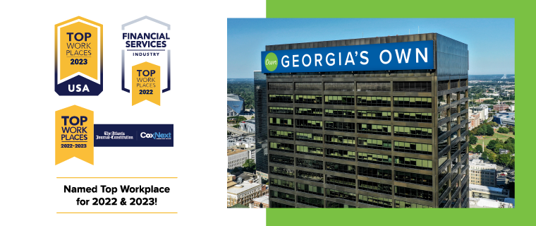 Georgia's Own Credit Union building with Top workplace badges
